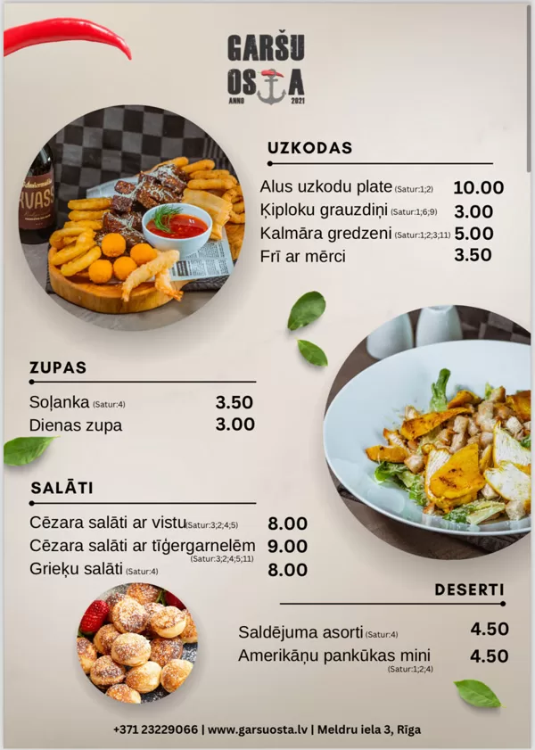 Garšu Osta bistro ēdienkarte