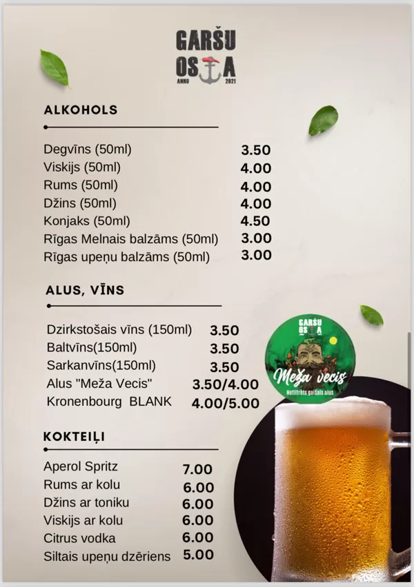 Garšu Osta bistro ēdienkarte